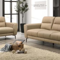 Brand New Taupe Leather Modern Style Sofa & Loveseat