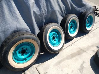 Remington G78-14 Cushion-aire poly-4 tires on stock Chevy wheels 
$450 comes with a space wheel and tire 
Total 5 wheels and tires 
Good tread great f