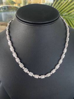 14k solid white gold vvs diamond baguette and round stones natural necklace pave flower set Thumbnail