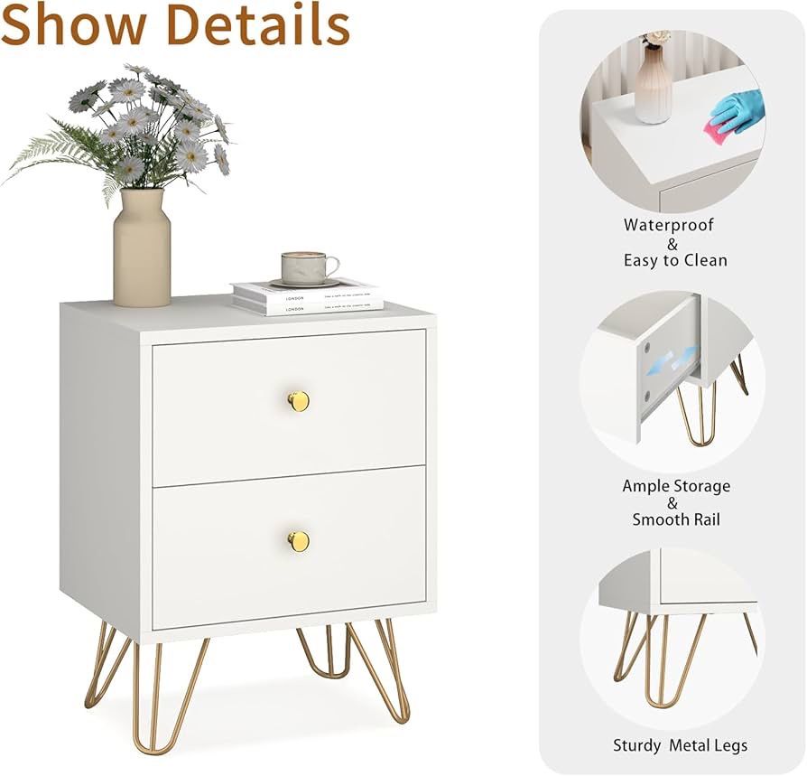 White Nightstand Set of 2, White and Gold Night Stand with 2 Drawers, Modern End Table with Metal Legs and Gold Handles, Bedside Table for Bedroom, Ha