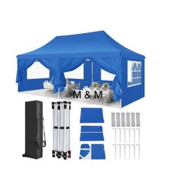 10x20 Pop Up Canopy with 6 Sidewalls and Windows, Ez Up Outdoor Instant Canopy Tent for Parties, Adjustable Waterproof Canopy with 6 Sand Bags, 8 Stak