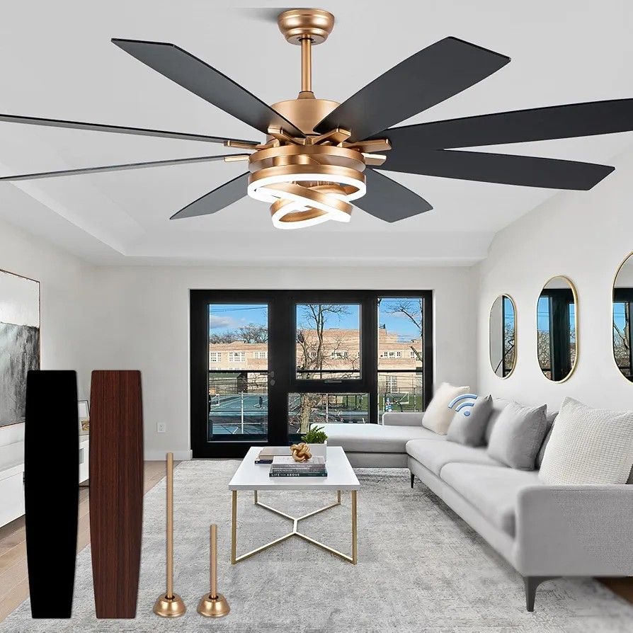 Gold Ceiling Fans with Lights, 72 Inch Large Modern Ceiling Fan with Remote Control for Living Room Kitchen, 3 CCT, 6 Speed Reversible DC Motor, Dual