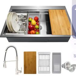 Handmade All-in-One Topmount Stainless Steel 33 in. x 22 in. Single Bowl Kitchen Sink w/ Spring Neck Faucet, Accessory