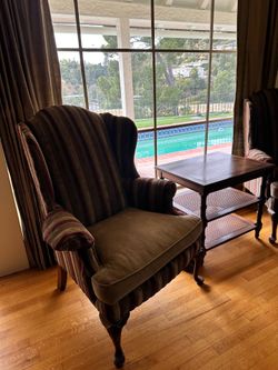 Vintage striped wing back arm chairs