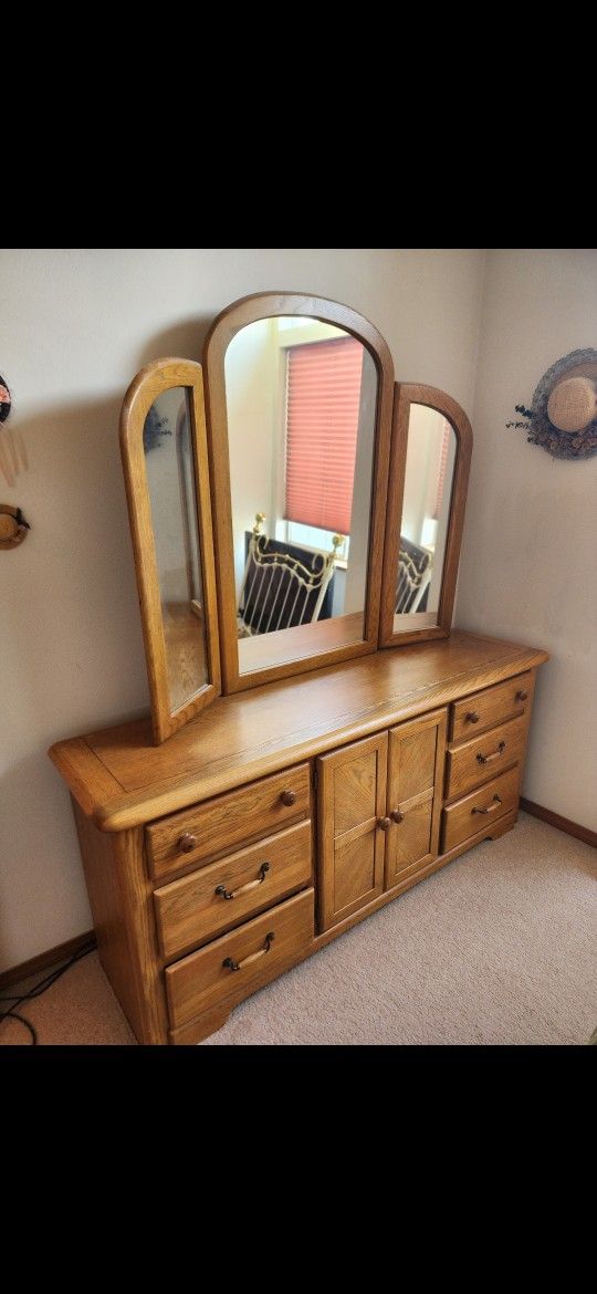 Oak Dresser with Tri-Fold Mirror