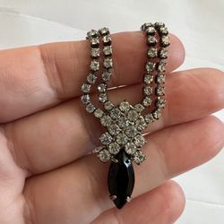 Vintage choker,Silver Tone Clear Stone Rhinestone with large black stone,19”Choker Necklace Jewelry