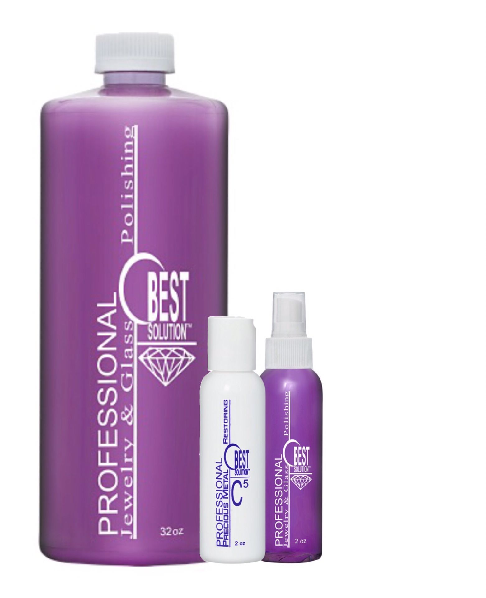 Best Solution Jewelry Polish & Glass Polish 32 oz refill, 2 oz travel size, 2 oz precious metal restorer.