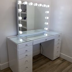 Vanity Desk 13 Drawers glass Top