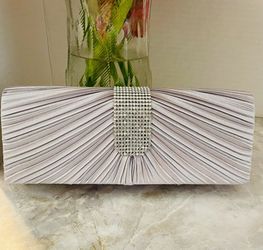 Silver Pleated Satin Clutch Bag With Rhinestone Accent. Wedding. Party. Cocktail