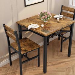 3 Piece Dining Table Set for 2, Small Wooden Kitchen Table with Storage, Farmhouse Square Dinette Set for Dining Room, Breakfast Nook, Apartment, Smal
