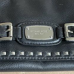 MICHAEL KORS Black Pebbled Leather Studded Chain Flap Clutch Gold Hardware