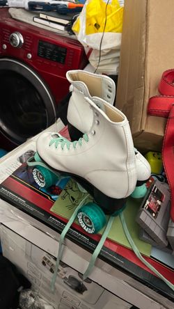 White Roller Skates with Teal Wheels