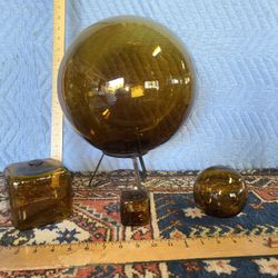 Vintage Blown Amber Glass Orb Sphere On Stand & Miscellaneous Glass