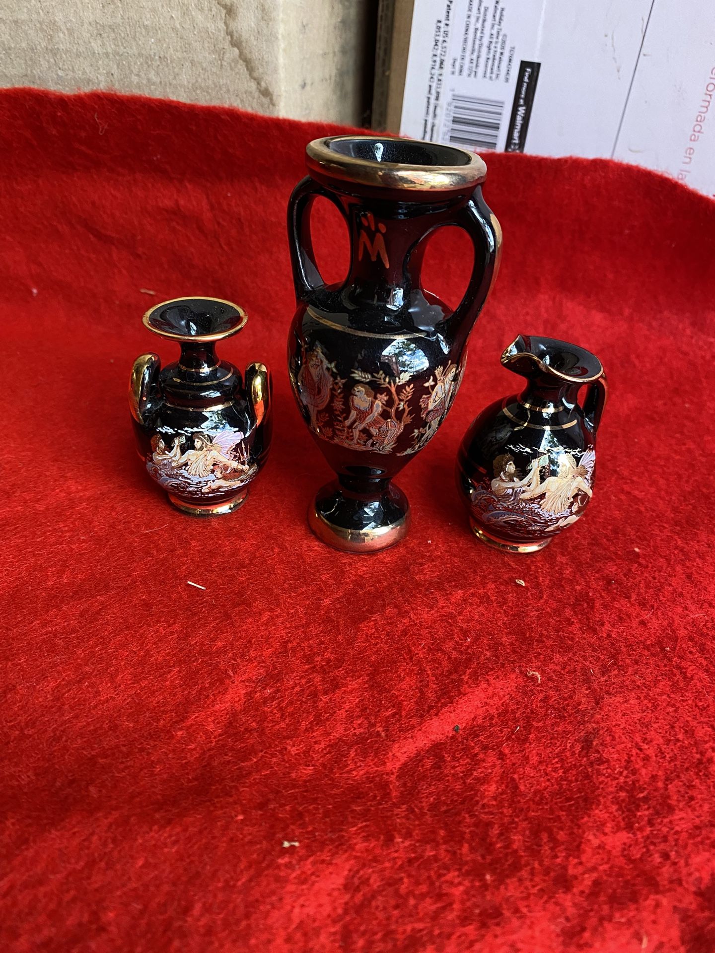 Set Of 3 24k Black & Gold Handmade In Greece Ceramic Greek Collectible Miniature Vases Imported From Greece