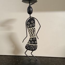 African Woman Metal & Wood Candle Holder 