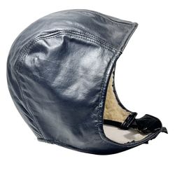 Vintage Leather Aviator Flight Helmet Hat Cap Sherpa Lined Chin Strap Black