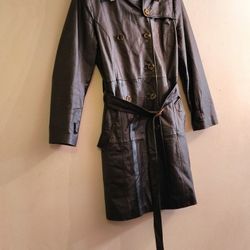 XS Translucent Brown Buttons Long Belt Terry Lewis VTG Black Leather Trench Coat