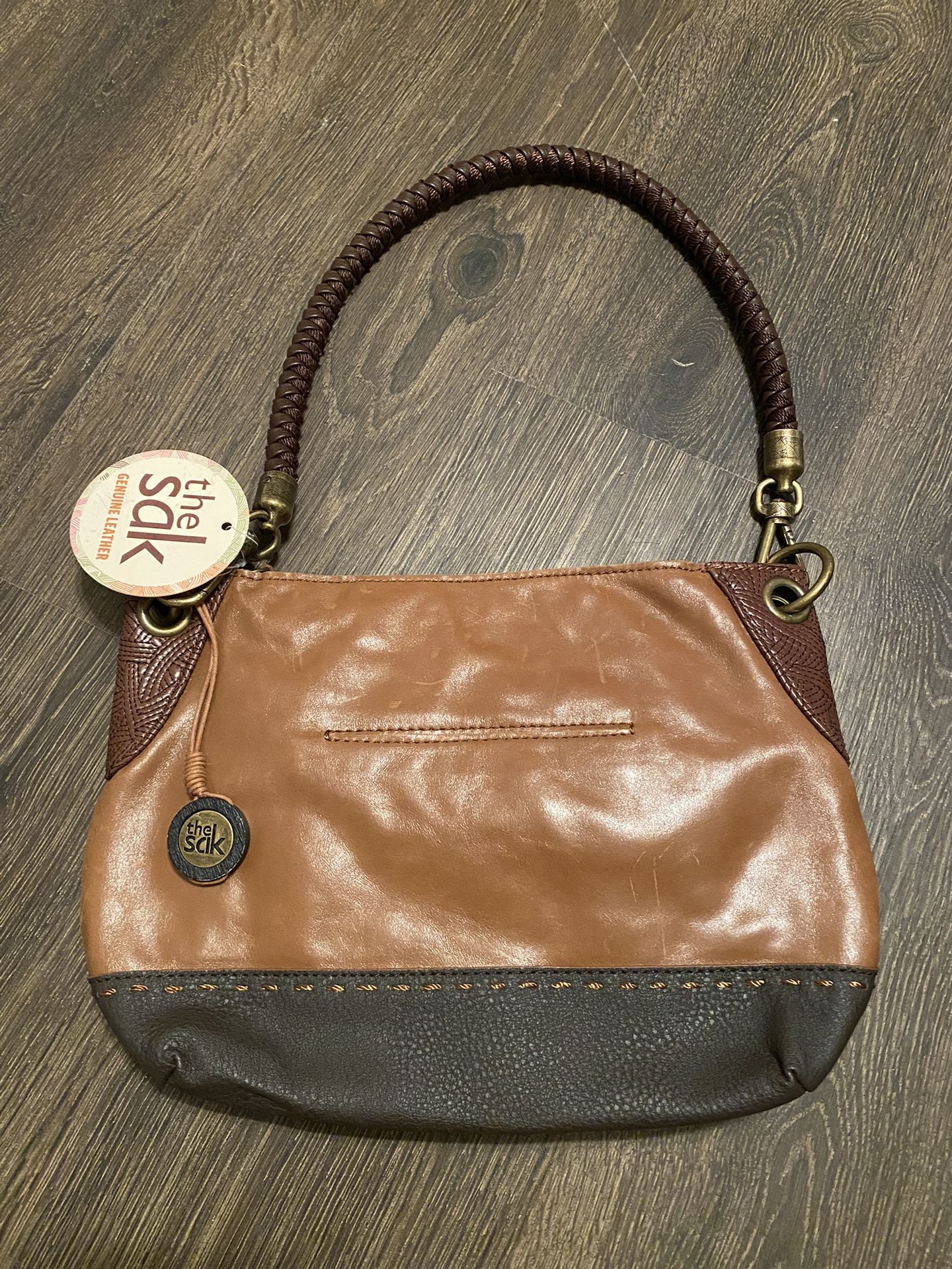 The Sak Indio Two Tone Brown Leather Shoulder Bag Woven Strap Boho New