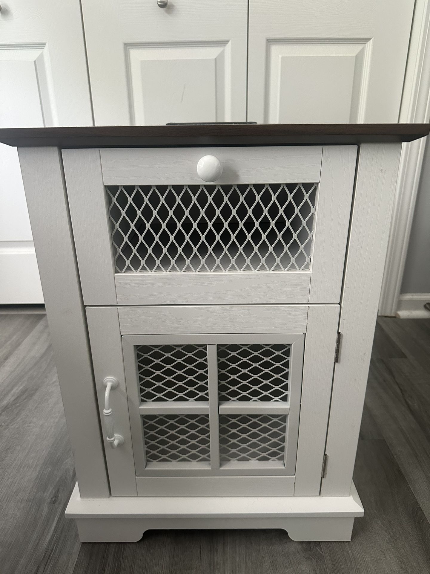 White Farmhouse Nightstand with Charging Station - Drawer + Cabinet Storage