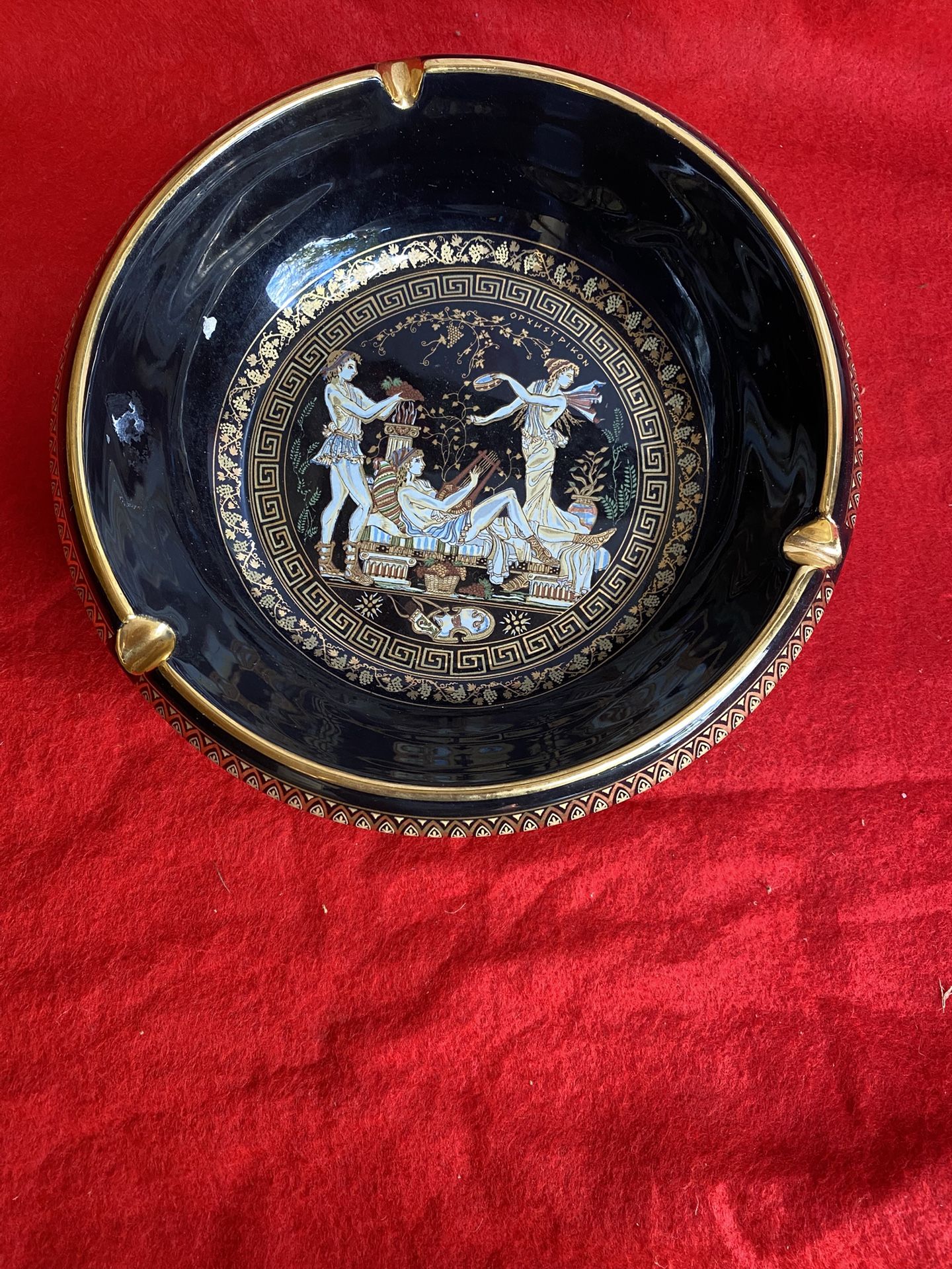8 Inch 24k Black & Gold Handmade In Greece Ceramic Greek Ashtray Imported From Greece