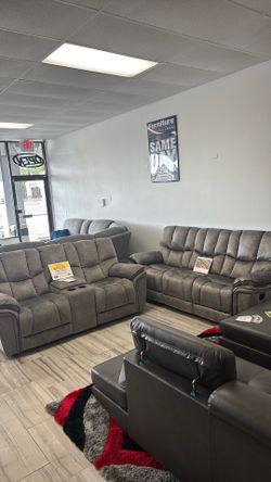 Memorial Day sale. Barcelona gray reclining sofa and loveseat set only $999. Easy finance option. Same-day delivery.