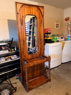Antique Wood Hall Tree with Mirror and Hooks