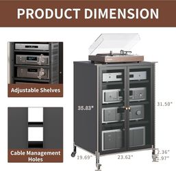Heavy Duty 4-Tier Media Cabinet, Audio-Video Media Stand with Tempered Glass Doors, Metal Stereo Cabinets with 3 Adjustable Shelves, Storage Cabinet f