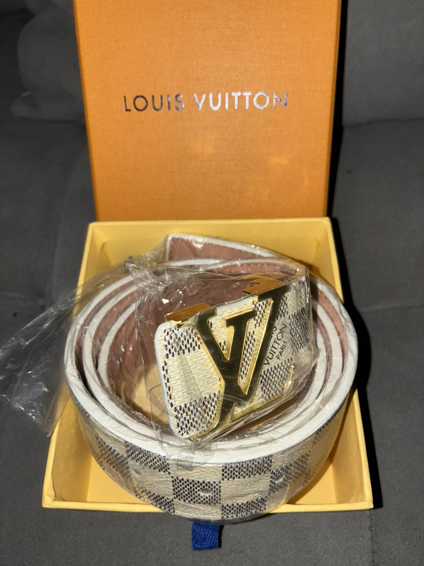 Louis Vuitton White Checkered Belt Gold Buckle Non-Reversible 115cm