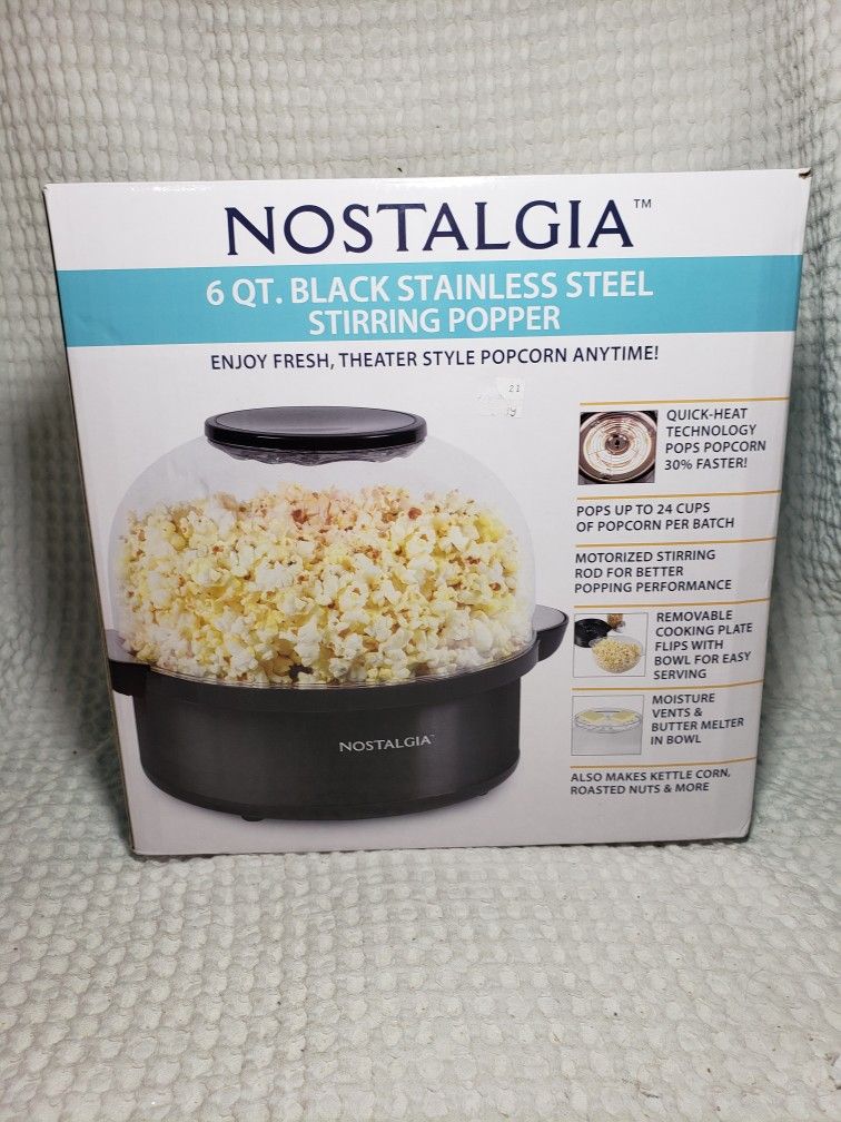 Nostalgia 6-Quart Stirring Popcorn Popper, Makes 24 Cups of Popcorn, Black Stainless Steel,

