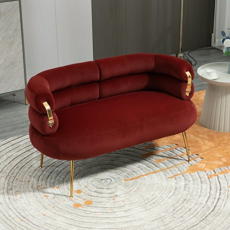 50” Mid-Century Modern Red Velvet Loveseat w/ Gold Frame  [NEW IN BOX] 
