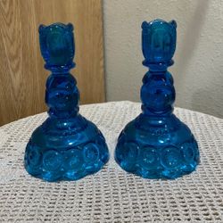 Vintage L.E. Smith Moon & Star Colonial Blue Glass Candlestick Holders– Set of 2