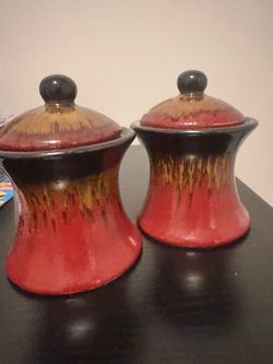 Pair of Ceramic Lidded Jars with Drip Glaze