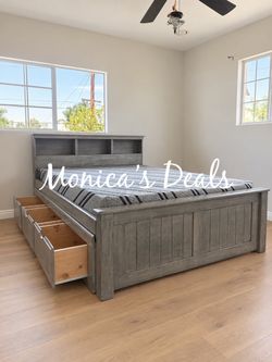 Queen Solid Wood Bed With 3 Drawers And Memory Foam Mattress $800
