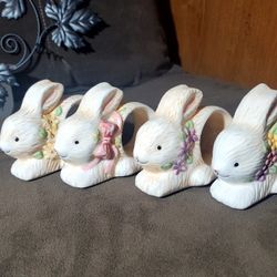 Set of 4  VINTAGE Bunny Rabbit with Flowers Porcelain Ceramic Napkin Holders 