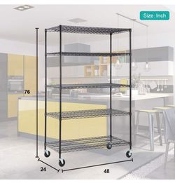 5-Tier Black Wire Shelving Unit with Wheels
