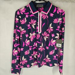 G/FORE Iris Silky Tech Nylon Women's Long Sleeve Golf Polo Shirt Twilight Floral Size Small