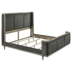 CB2 Crate and Barrel Alderwood California Queen Upholstered Panel Bed Charcoal Grey