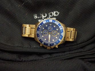 Gold-Tone Chronograph Watch Blue Bezel