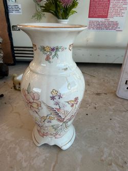 White Ceramic Vase with Bird and Floral Design