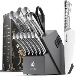 Livtek Knife Set with Block – German High Carbon Stainless Steel Kitchen Knife Set with Built-in Sharpener, Ergonomic Full Tang Handle, Rustproof and