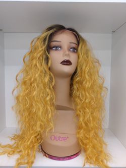 Dark Root Mustard Color Wavey Lace Front Wig