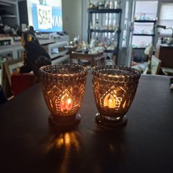 Vintage Style Set Of 2 Pressed Glass Votive Candle Holders Royal Textured Pattern, Beaded Edge W/Low Footed Base Vaso Gris (Black Glass) 6.5"H