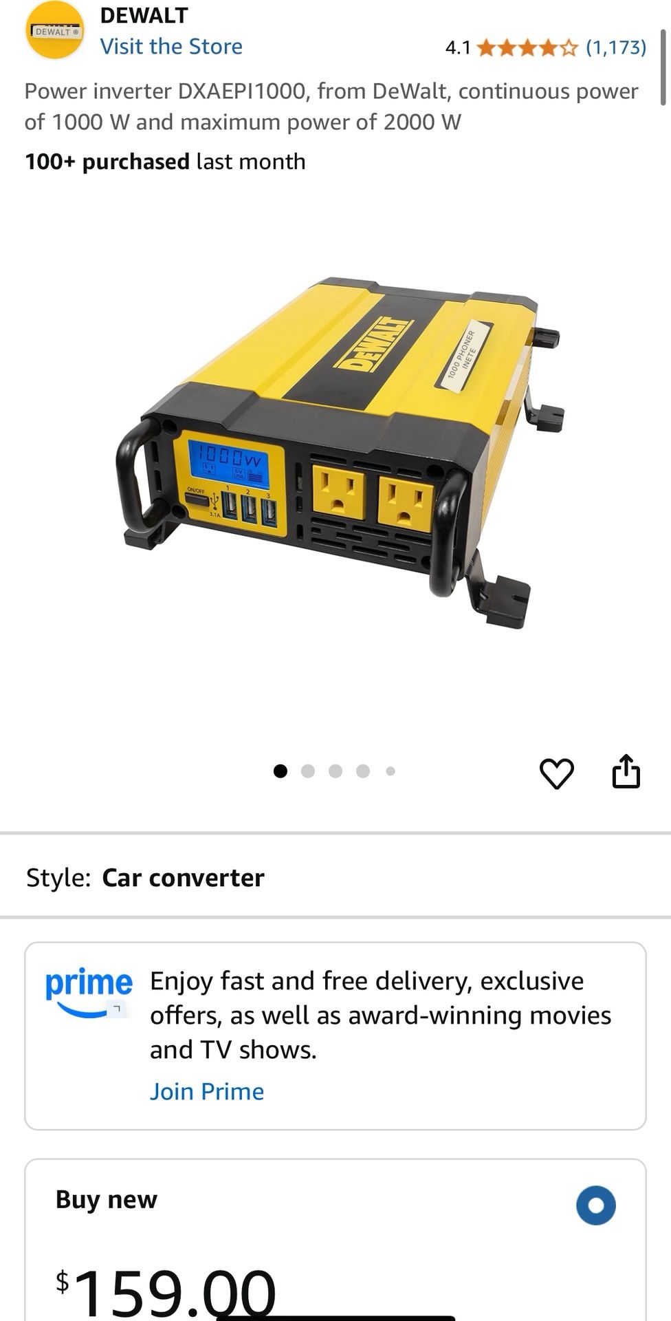 Power inverter DXAEPI1000, from DeWalt, continuous power of 1000 W and maximum power of 2000 W