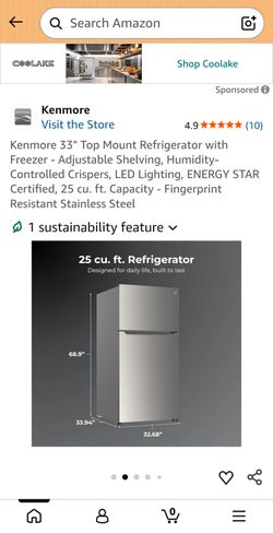 Kenmore 33" Top Mount Refrigerator with Freezer - Adjustable Shelving, Humidity-Controlled Crispers, LED Lighting, ENERGY STAR Certified, 25 cu. ft. C