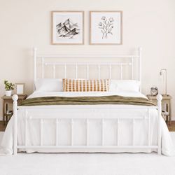 Amolife King Bed Frame, Metal Platform Bed with Vintage Headboard & No Box Spring Needed, White