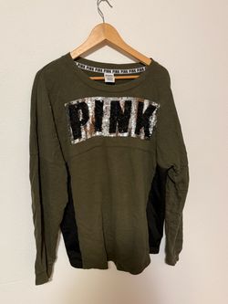Victoria Secret Pink, Olive Green And Black Sequin Sweatshirt Size Large Woman’s