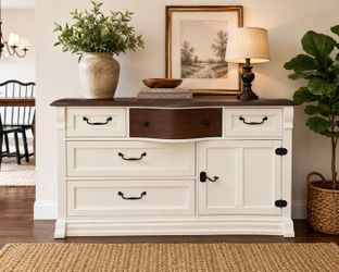 Refinished Farmhouse Buffet / Dresser – Cream & Walnut – Solid Wood Top
