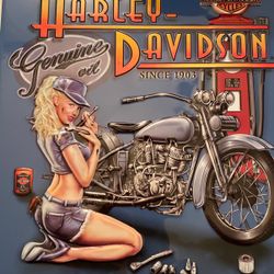 Harley-Davidson Metal Advertising Sign A Mechanic Girl Is Sitting Near A Harley