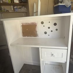 White Wooden Loft Bed with Built-In Desk and Shelves