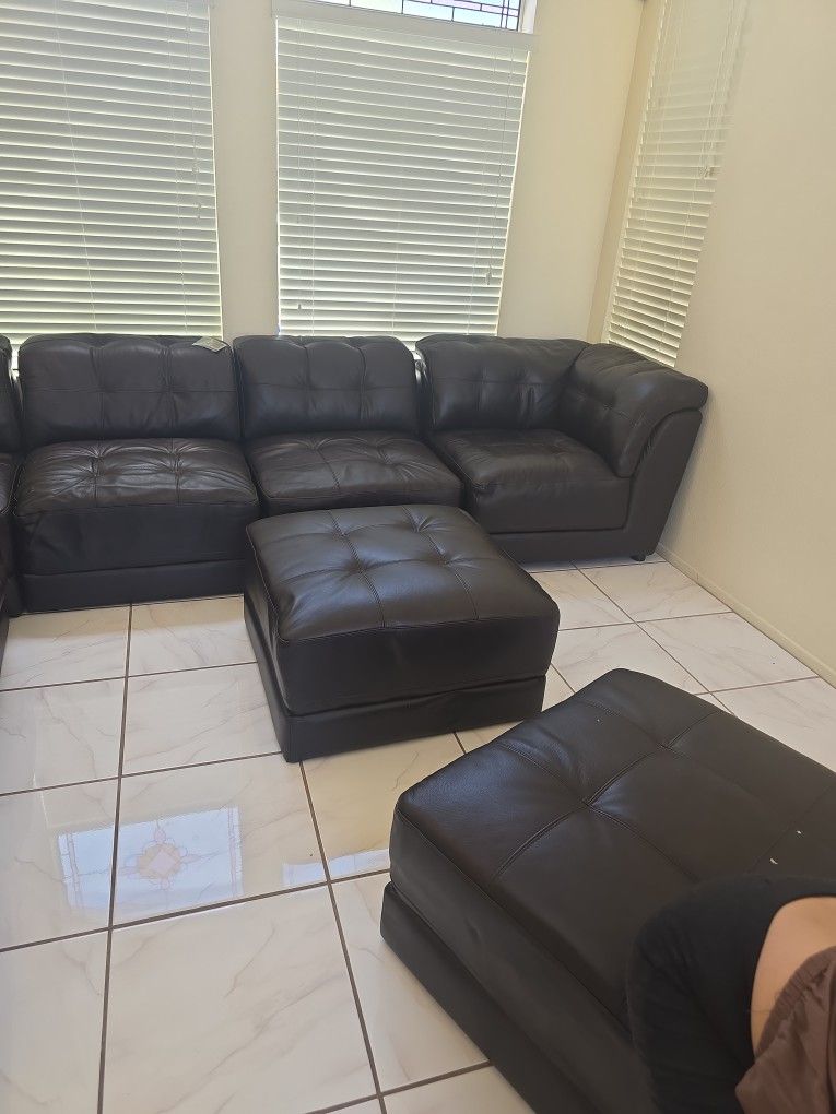 L SHAPE GENUINE LEATHER SOFA SET WITH 2 OTTOMAN